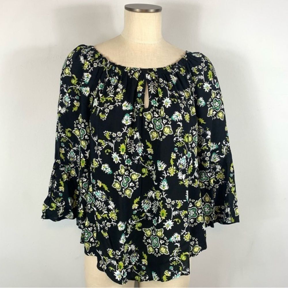 NWT New Directions for Belk Black and Green Floral Bell Sleeve Off Shoulder Top